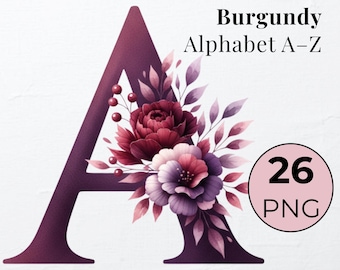 Burgundy Watercolor Floral Letters: Wedding Monogram PNG (Digital Download)