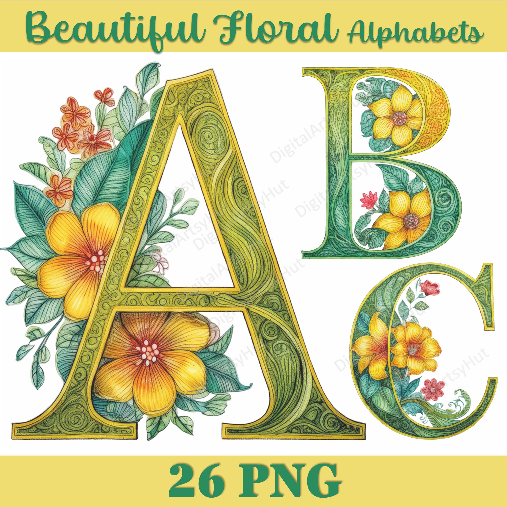 Floral Alphabet Clipart Bundle: Decorative PNG Letters (digital ...