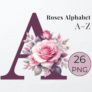 Watercolor Pink Roses Floral Alphabet Clipart (Digital Download)