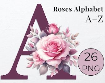 Clipart de alfabeto floral de rosas rosadas en acuarela (descarga digital)