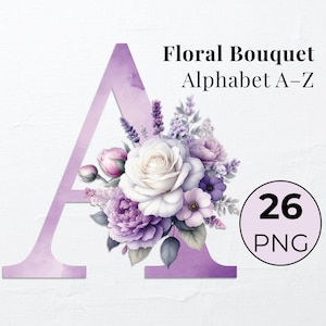 Bundle alphabet lettres aquarelle lettres florales lettres décoratives. Alphabet floral à sublimation PNG. Alphabet Clipart PNG. Monogramme de mariage