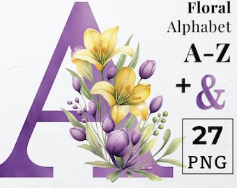 Watercolor Floral Letter Alphabet: Lilies Decorative Letters PNG Clipart (Digital Download)