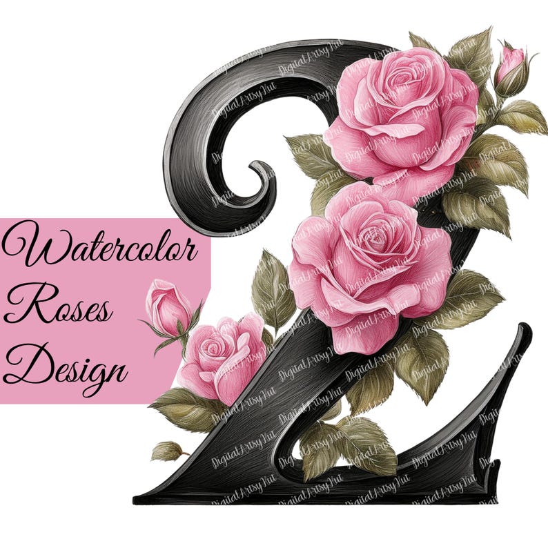 Pink Roses Numbers Clipart: Elegant Black Typography (10 PNG Digital ...