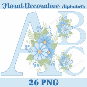 Paquete de imágenes prediseñadas del alfabeto de letras florales con letras de sublimación azules. Alfabeto floral PNG. Diseño de calcomanías de letras decorativas.
