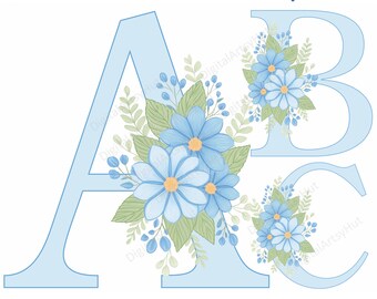 Floral Alphabet Clipart Bundle: Blue Flower Letters (PNG Digital Download)
