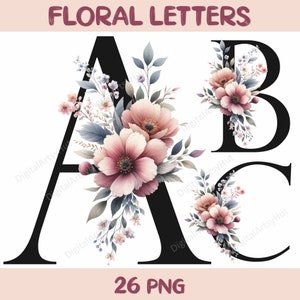 Paquete de imágenes prediseñadas del alfabeto de letras florales con flores de acuarela. Letras de Sublimación. Alfabeto floral. Monograma de boda PNG.