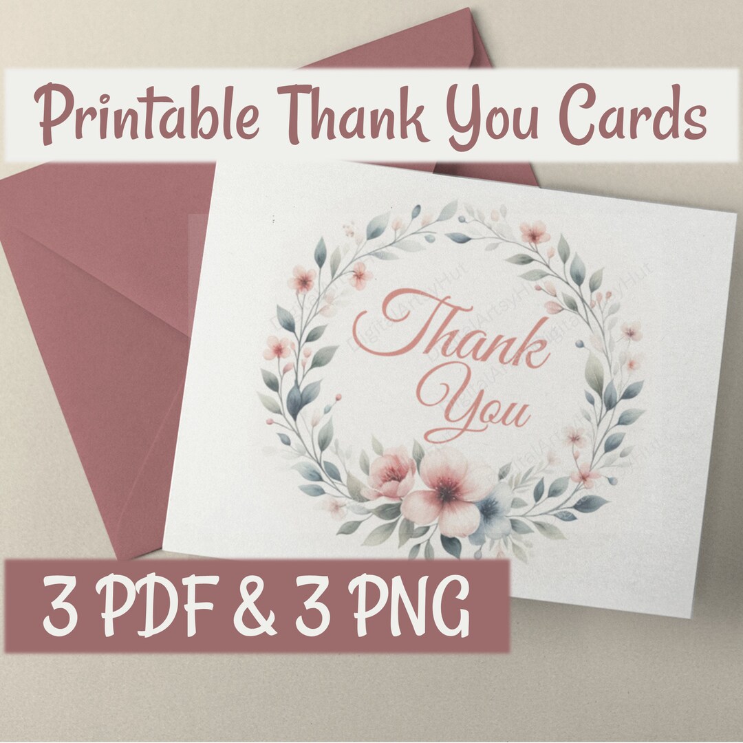 Elegant Thank You Printable Cards Watercolor Floral Design Digital
