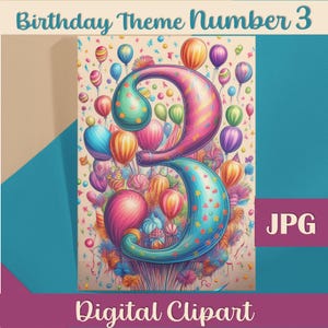 Dritte Geburtstag Zahl 3 Karte Clipart Sofort Download. Druckbare Karte Geburtstagsparty 3.Geburtstag Printable Digital Sign.
