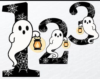 May include: Black and white Halloween-themed numbers 1, 2, and 3 with spiderwebs and ghost illustrations. Each ghost holds a lantern. The text "Halloween Numbers" is at the top, and "10 PNG" is at the bottom.