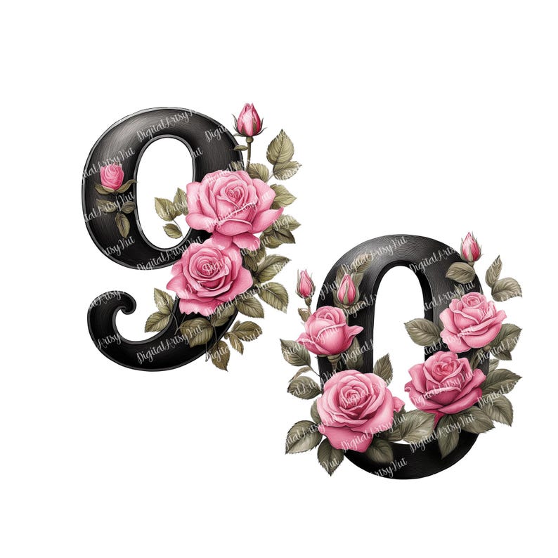 Pink Roses Numbers Clipart: Elegant Black Typography (10 PNG Digital ...