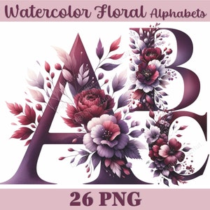 Bourgondische aquarelbrievenbundel. Bloemenbrieven Decoratieve letters. Bloemenalfabet png. Sublimatiebrieven. Huwelijksmonogram, png