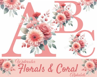 Floral Letter Alphabet Clipart Bundle with Watercolor Florals. Sublimation Letters. Floral Alphabet. Wedding Monogram PNG.