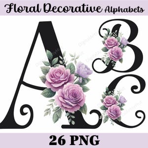 Paquete de imágenes prediseñadas de alfabeto de letras florales con rosas de acuarela. Letras de Sublimación. Alfabeto floral con rosas. Monograma de boda PNG.