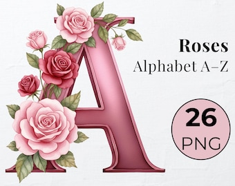 Watercolor Red Pink Roses Floral Alphabet Letters: Wedding Monogram Clipart (PNG Digital Download)