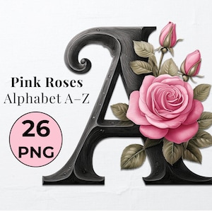 Paquete de imágenes prediseñadas del alfabeto de letras florales con rosas de acuarela rosadas. Letras de sublimación. Monograma de calcomanía PNG. Para carteles de bodas y despedidas de soltera.