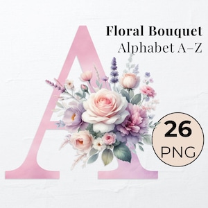 Pacchetto alfabeto lettere acquerello Lettere floreali Grafica digitale fai da te. Alfabeto a sublimazione PNG. Clipart alfabeto PNG. Monogramma matrimonio