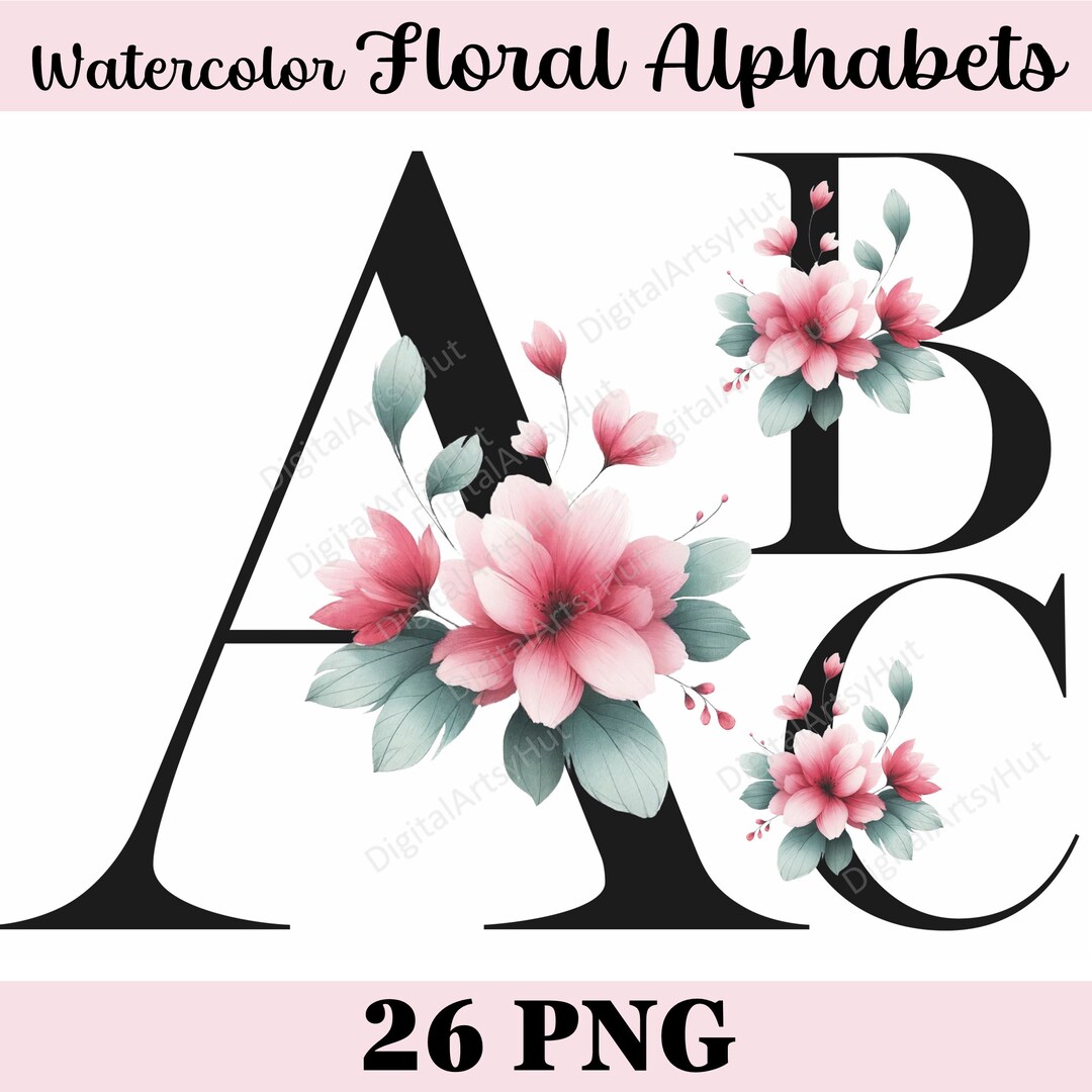 Floral Letter Clipart: Pink Watercolor Flower Alphabet (PNG Digital ...