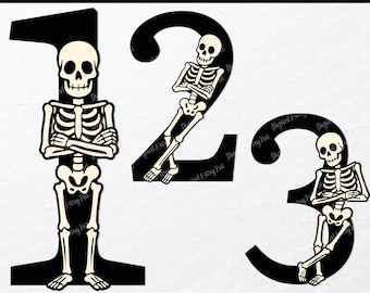 May include: Black and white Halloween-themed numbers 1, 2, and 3, each featuring a skeleton. The number 1 has a skeleton with crossed arms. Number 2 has a skeleton leaning. Number 3 has a skeleton sitting. The text "Halloween Numbers" is at the top.