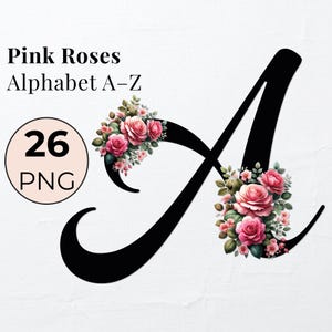 Watercolor Floral Alphabet Clipart: Pink Rose Monogram Letters (PNG Digital Download)