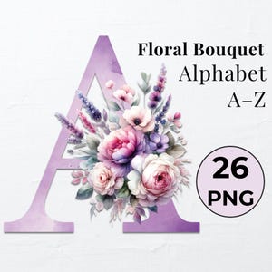 Bundle alphabet lettres aquarelle lettres florales lettres décoratives. Alphabet floral à sublimation PNG. Alphabet Clipart PNG. Monogramme de mariage