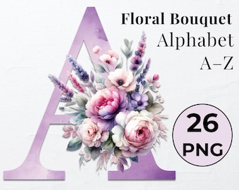 Watercolor Floral Letter Alphabet: Decorative PNG Clipart (Digital Download)