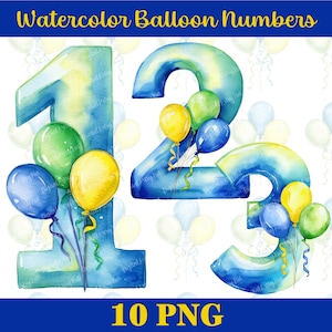 Clipart z numerami balonów akwarelowych. Numery na rocznicę urodzin PNG. Wydrukowalne numery sublimacji typografii. Zaproszenie na imprezę