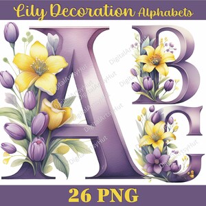 Alfabeto de acuarela con letras florales, letras decorativas, sublimación floral, PNG, clipart del alfabeto, monograma de boda