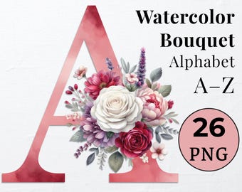 Watercolor Floral Alphabet Letters: PNG Clipart Bundle (Digital Download
