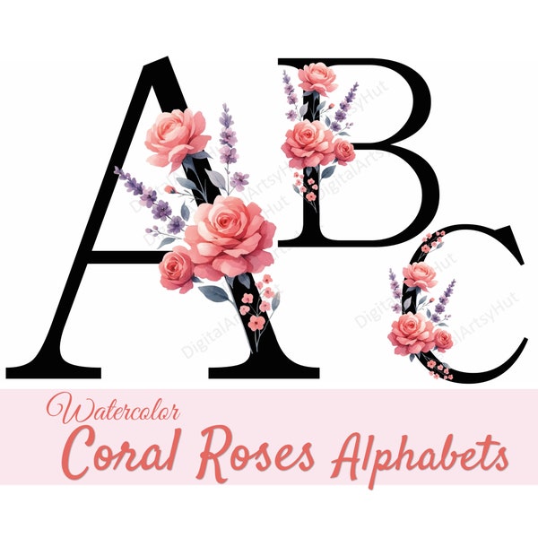 Floral Letter Alphabet Clipart Bundle with Coral Watercolor Roses. Sublimation Letters. Floral Alphabet. Wedding Monogram PNG.