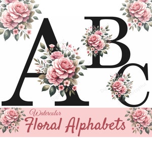 Watercolor Floral Letter Clipart: Pink Rose Alphabet (PNG Digital Download)