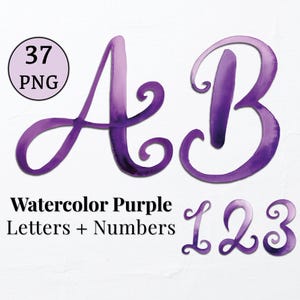 Alfabetos de acuarela manuscritos, imágenes prediseñadas. Letras de sublimación, monograma de boda PNG. Alfabetos imprimibles. Alfabeto morado de sublimación.