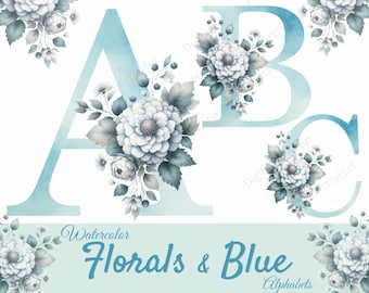 Watercolor Floral Alphabet Clipart: Blue Wedding Monogram (Digital Download)