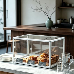 Op de afbeelding: Een glazen vitrine met wit frame gevuld met diverse gebakjes, waaronder croissants en brood. De vitrine staat op een marmeren aanrecht naast een stapel witte borden, een waterkan en glazen. Een vaas met takken staat op de achtergrond.