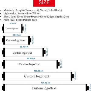 May include: Diagram showing sizes of custom acrylic and metal signs. Sizes range from 30cm to 120cm in length, with a depth of 12cm. The signs are designed for custom logos or text, with a warm white or white light color.