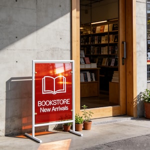Könnte beinhalten: Ein rotes Schild mit weißer Schrift und einem weißen Buchumriss, das für Neuerscheinungen in einer Buchhandlung wirbt. Das Schild befindet sich in einem weißen Metallrahmen vor einer Holztür. Das Innere der Buchhandlung mit Büchern ist sichtbar.