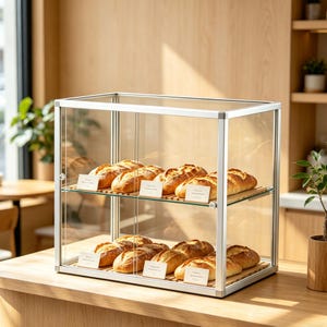 Op de afbeelding: Een glazen vitrinekast met een zilveren frame, met daarin verschillende broden. Het brood is goudbruin en ligt op houten planken. De vitrine staat op een houten toonbank.