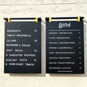 May include: Two rectangular black menu boards with white text mounted on a wall. The left board lists pizza options like Margherita, Calzone, and Spicy Nduja. The right board features the logo The Good Life and lists various pizza selections.