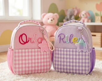 Personalized Seersucker Lunch Bag, Insulated Kids Lunchbox with Star Photo Charm, Back to School