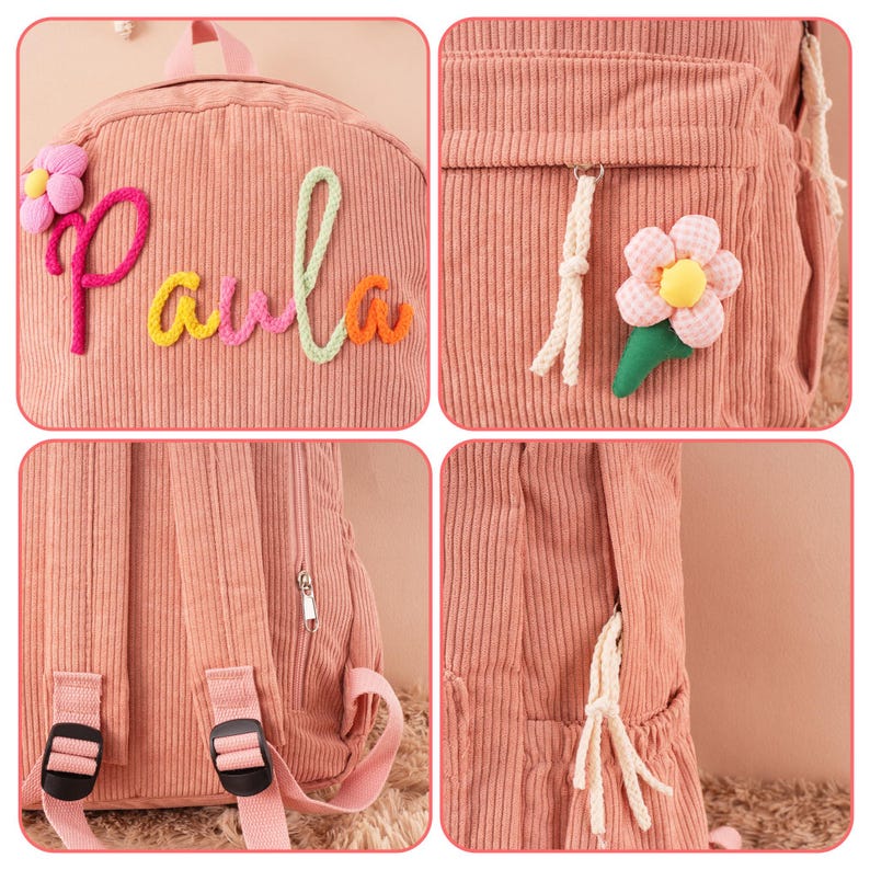 May include: Pink corduroy backpack with the name "Paula" embroidered in colorful letters. Features include a front pocket with a flower applique, adjustable straps, and a top handle. The backpack has a zipper closure and side pocket.