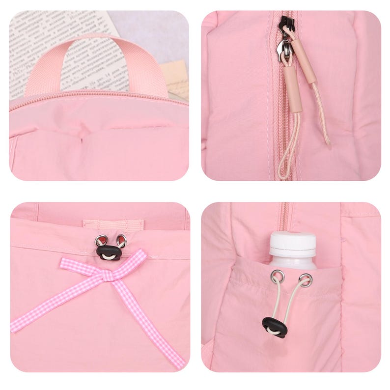 May include: Pink backpack with a top handle, zipper, and drawstring pocket. The backpack has a small frog-shaped clasp and a pink and white checkered ribbon. A white water bottle is in the side pocket.