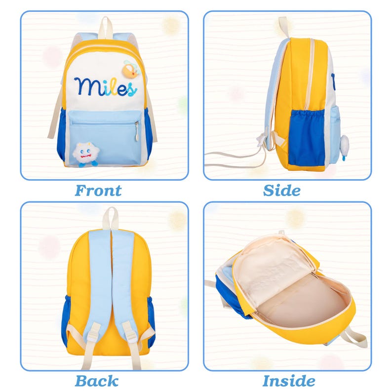 May include: A yellow, white, and blue backpack featuring the name Miles embroidered in blue script on the front pocket. The bag includes a small plush character attachment, side pockets, adjustable light blue shoulder straps, and a zippered main compartment.
