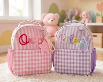 Personalized Seersucker Lunch Bag, Insulated Kids Lunchbox with Star Photo Charm, Back to School