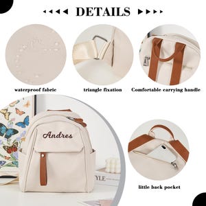 Puede incluir: Mochila beige con detalles marrones, con el nombre "Andres" bordado en la parte delantera. Detalles incluyen tejido impermeable, fijaci&oacute;n triangular, un asa de transporte c&oacute;moda y un peque&ntilde;o bolsillo trasero. La bolsa tiene un bolsillo frontal y una cremallera superior.