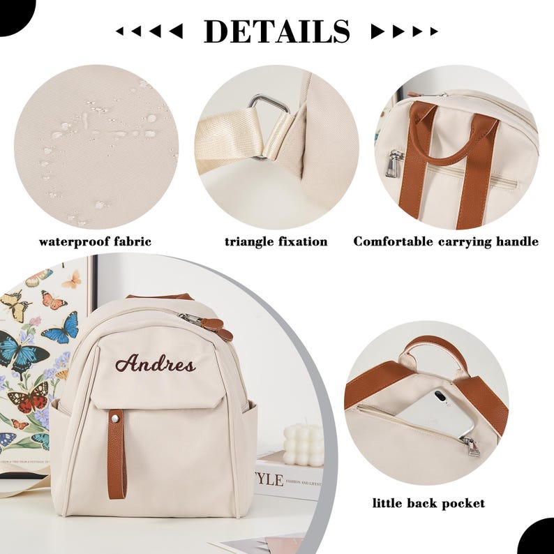 Puede incluir: Mochila beige con detalles marrones, con el nombre "Andres" bordado en la parte delantera. Detalles incluyen tejido impermeable, fijaci&oacute;n triangular, un asa de transporte c&oacute;moda y un peque&ntilde;o bolsillo trasero. La bolsa tiene un bolsillo frontal y una cremallera superior.