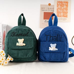 Personalized Corduroy Mini Backpack: Embroidered Name & Bear
