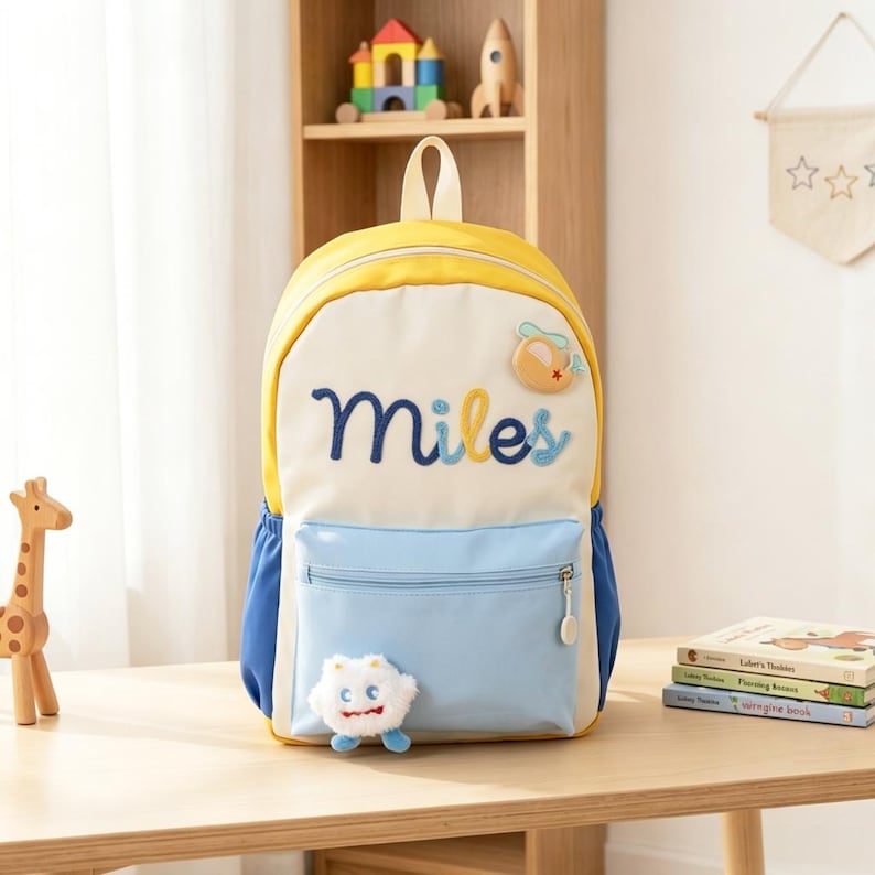 May include: A yellow, cream, and blue backpack featuring the name Miles embroidered in blue script across the front. The bag includes a light blue zippered front pocket, a small plush monster character attached to the zipper, and a small helicopter patch.