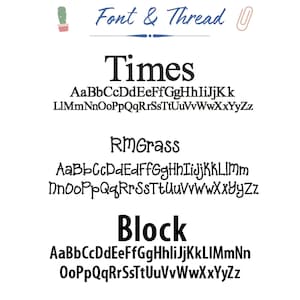 May include: A white background displays three different font styles: Times, RMGrass, and Block. Each font is shown with the alphabet in uppercase and lowercase letters. The text "Font & Thread" is at the top in blue script.