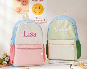 Personalized Toddler Backpack with Name, Color Block School Bag, Birthday Gift Boy Girl