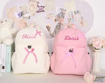 Personalized Kids Backpack, Embroidered Name Girls Toddler Backpack, Bow Detail