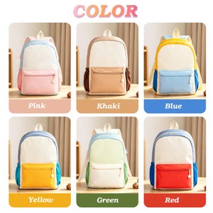 May include: Six backpacks displayed in a grid, each featuring a main compartment, a front zippered pocket, and side pockets. The colour combinations include pink, khaki, blue, yellow, green, and red accents on a white or light-coloured base.
